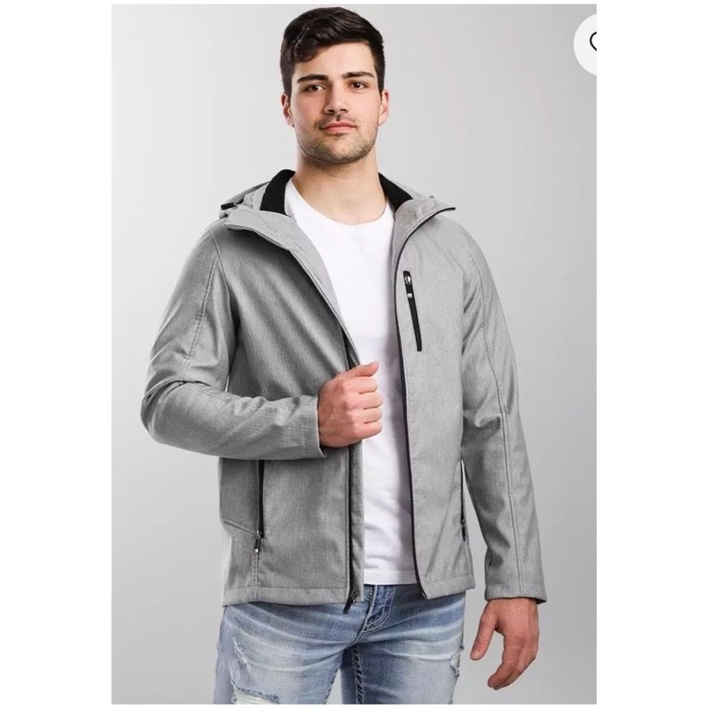 BKE Softshell Hooded Jacket Mens Large L Gray Full Zip Pockets Lined